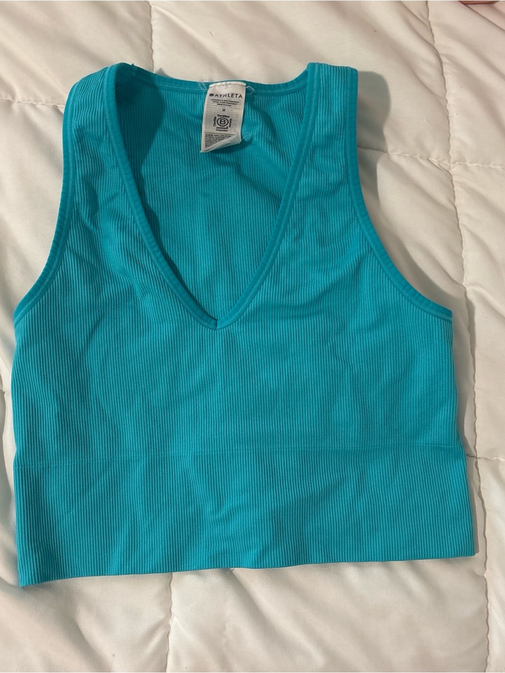 Athleta Ribbed V-Neck Crop Tank Top in Teal Blue